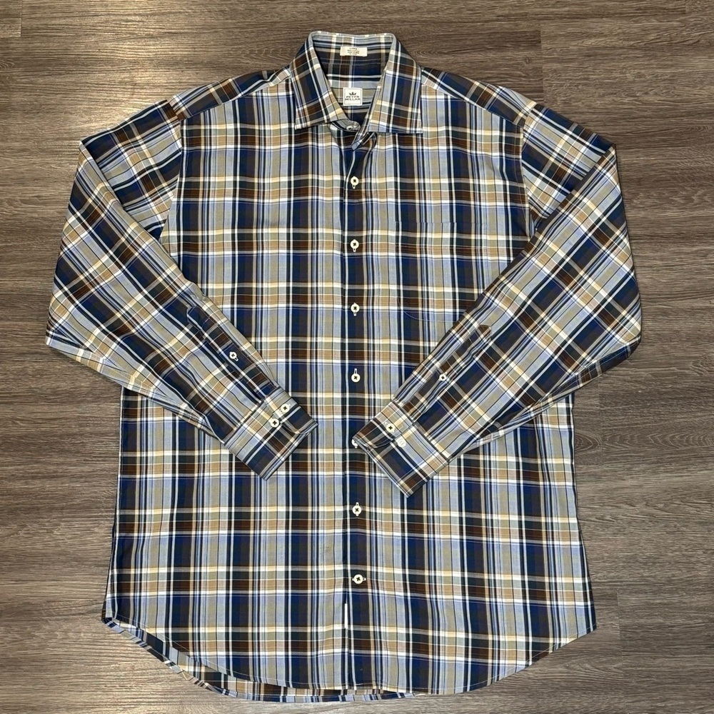 PETER MILLAR Long Sleeve Blue Tan Brown Plaid Button Down Dress Shirt sz Large‎*